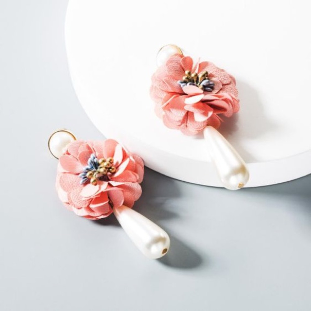 Teal or Pink Floral Pearl Earrings - Picture 2 of 7